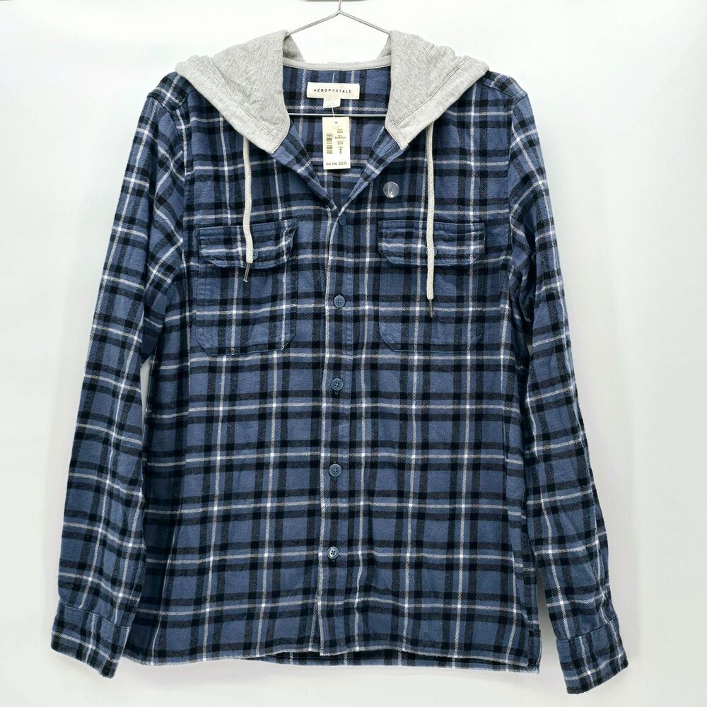 Aeropostale long sleeve plaid hooded flannel shirt style 3854 blue men Small NWT